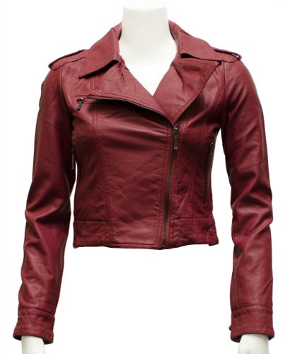 Ladies Burgundy Synthetic Leather Biker Jacket Angled Zipper product image