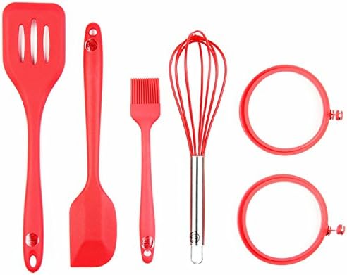 BYGZB Premium Silicone Kitchen Cooking Utensils (6 Pieces)(2 Egg Rings, 1 Turner, 1 Spoonula/Spatula, 1 Whisk, 1 Basting Brush) Heat Resistant Cooking Tools Gadget Set for DIY, Blending, Whisking, etc