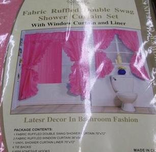 Rose Pink Double Swag Fabric Shower Curtain Set with Matching Window Curtain
