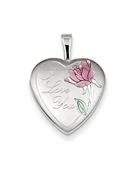 Sterling Silver 16mm Satin, Enameled, Diamond-Cut I Love You Heart Locket