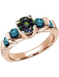 1.88 Ct Round Green Mystic Topaz Blue Diamond 18K Rose Gold Ring