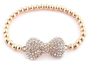 Ladies Gold with Clear Iced Out 3D Bow Bracelet with Metal Beaded Disco Balls Shamballah