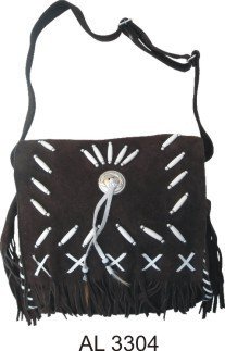 Western Southwest Suade Leather Purse Shoulder Hand Bag Fringes, Bones, Cabochon