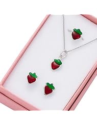 Childrens Jewellery Set: Adjustable ring + Earrings + Necklace Strawberry - Sterling Silver & Red Enamel