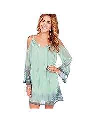 V-neck Summer Chiffon/Cotton/Polyester Off the Shoulder Spaghetti Strap Mini Dress 