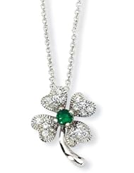 Sterling Silver Childs Created Emerald CZ 4-leaf Clover Necklace - 15 Inch - JewelryWeb