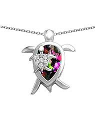Original Star K (tm) Large Mother and Baby Turtle family Pendant with 12x8mm Pear Shape Mystic Topaz in 925 Sterling Silver