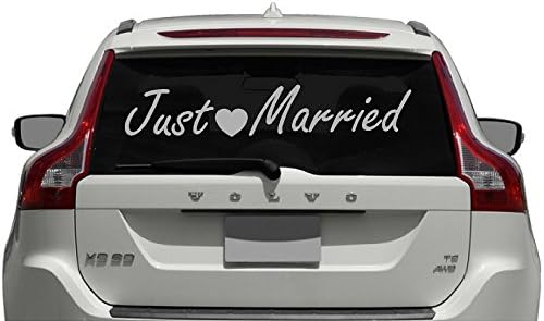 Just Married Car Window Decal, 12x32 Silver "Just Married" Quote Saying Wall Sticker Decal Just Married Vinyl Car Decal Design / Wedding Cling Banner Decoration Quote Silver Semi Metallic