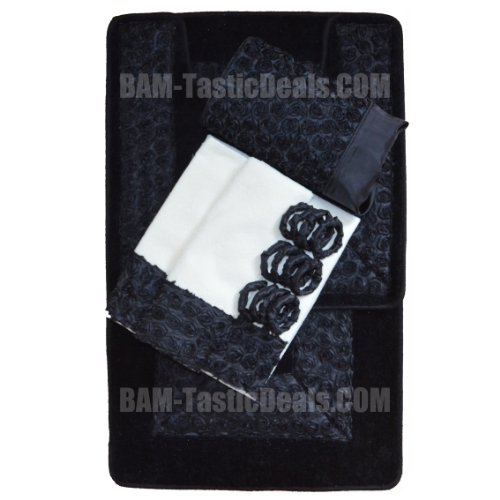 Black FLORAL RIBBON 18-Piece Bathroom Set: 2-Rugs/Mats, 1-Fabric Shower Curtain, 12-Fabric Covered Rings, 3-Pc. Decorative Towel Set