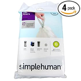 simplehuman Custom Fit Trash Can Liner G, 30 Liters / 8 Gallons, 20-Count (Pack of 4)