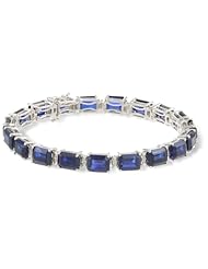 Sterling Silver Emerald-Cut Created Blue Sapphire with Diamond-Accent Bracelet, 7.50"