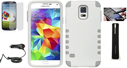 Samsung Galaxy S5 Protective Cover 2 Layer Case with Car Charger, Screen Protector, Momiji® Stylus Pen (White/Grey)