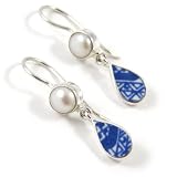 Vintage Blue China and Pearl Sterling Silver Dangle Earrings