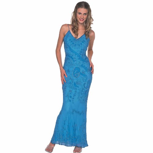 Formal Evening Gown. Turq Bias Cut Beaded Dress for Prom - Party - Wedding by Sean Collection (8295)