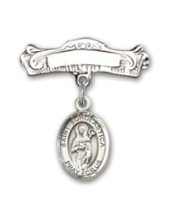 Sterling Silver Baby Badge with St. Scholastica Charm and Arched Polished Badge Pin