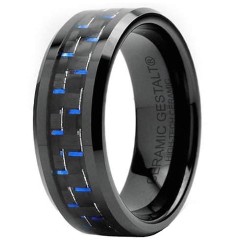Black Ceramic Ring With Black and Blue Carbon Fiber by CERAMIC GESTALT® - 8mm. Comfort Fit.
