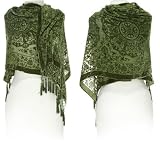 TEMPER Silk Blend Velvet Burnout Shawl (GREEN), Green Olive, MG23-067L
