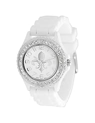 Geneva Platinum 6886 Womens Rhinestone Fleur De Lis Silcone Watch-Wht/Sil