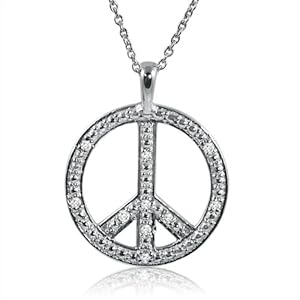 Diamond Peace Sign Necklace in Sterling Silver on an 18" Chain