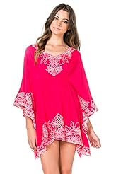 V-neck Floral Print Rayon Gathered Embroidered Long Sleeves Tunic 