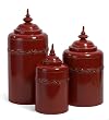 Set of 3 Lidded Red Metal Kitchen Storage Canisters