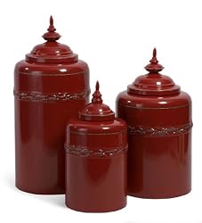 Set of 3 Lidded Red Metal Kitchen Storage Canisters
