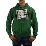 Men DC Shoe Company green sweatshirt hoodie. Very catchy HEAVY WEIGHT fleece featuring a full front zip, string tighten hood and double side entry pocket. Printed designs on front chest and hood with large logo embroidery on the front. Great authentic skateboard gear to match with your style this season.