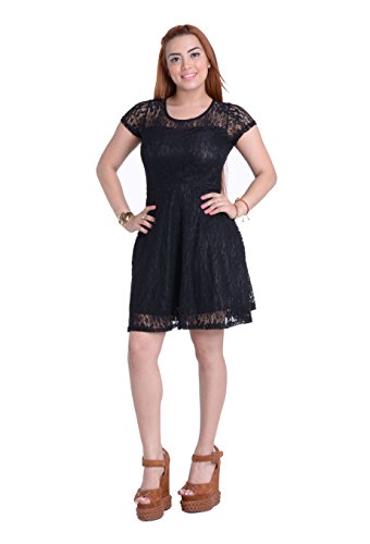 Amoluv Women Round Neck Short Sleeve Pleated Lace Slim Dress Black, X-Large