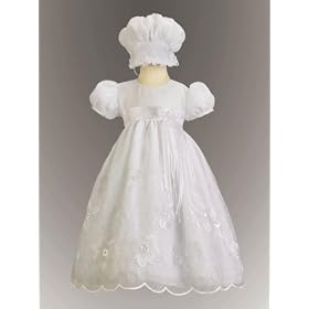 White Embroidered Organza Christening Baptism Gown with Matching Bonnet