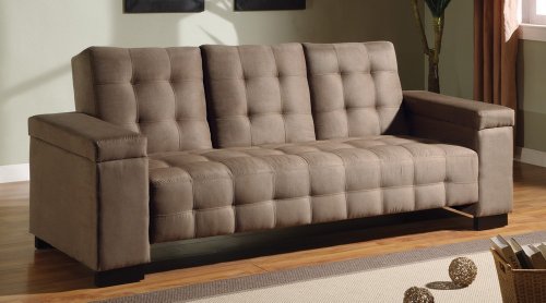 Coaster Sofa Bed with Drop Down Console and Storage in Tan Microfiber