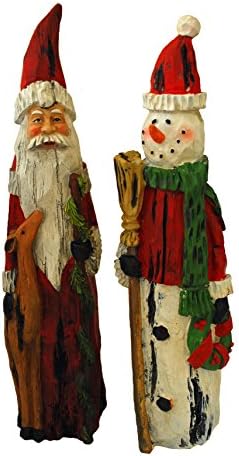 Resin Wood Look Santa and Snowman Holiday Figurines Set of 2