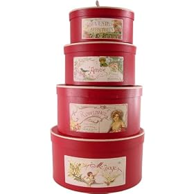 Victorian style French set of 4 oval nesting hat boxes with romantic labels
