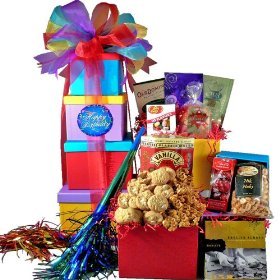 SCHEDULE YOUR DELIVERY DAY! Happy Birthday Surprise! Gift Tower - Gourmet Food Gift Basket