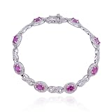 Platinum Plated Sterling Silver Created Pink Sapphire and Diamond Accent Bracelet, 7.25
