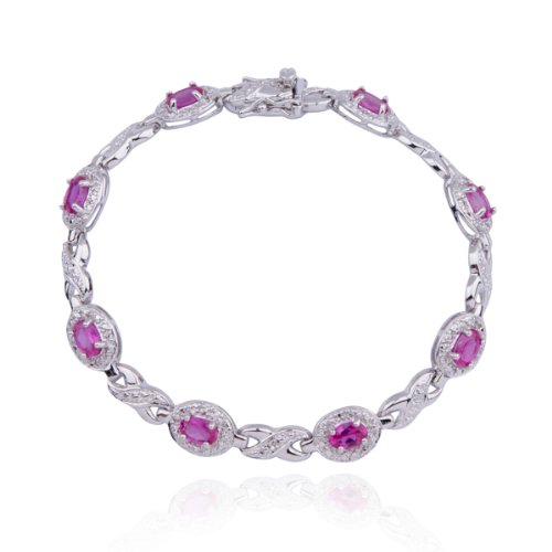 Platinum Plated Sterling Silver Created Pink Sapphire and Diamond Accent Bracelet, 7.25"