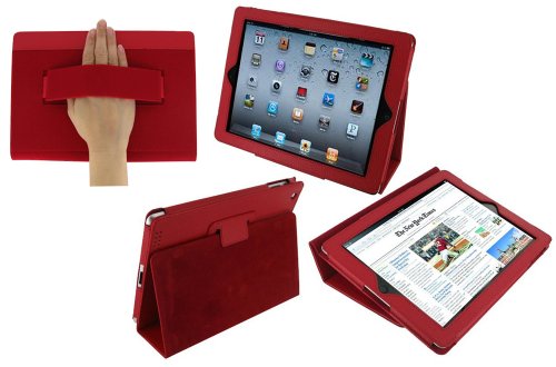 rooCASE Dual Station Premium Leather (Red) Case Cover with Elastic Hand Strap and Stand for Apple iPad 2 / iPad 3 / The new iPad