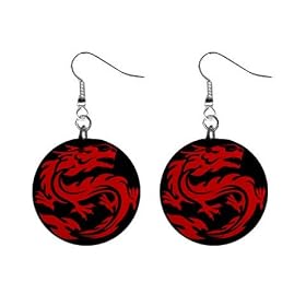 1 Inch Button Earrings of Tribal Red Dragon (Tattoo Art, Cool, Fantasy, Fire, Medieval)