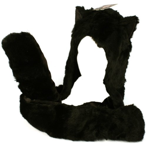 Black Cat Full Animal Hood Hoodie Hat Faux Fur 3 in 1 Function Paw Mittens Gloves