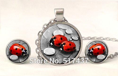 Lawrence Painting Fashion Vintage Jewelry Set Necklace Red Ladybug Necklaces And Earrings Fashion Red Ladybug Jewelry Sets Glass Dome Jewelry