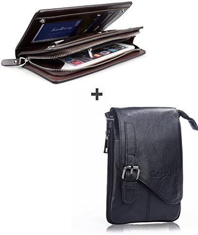 Hwin Mens Genuine Leather Coffee Fanny Small Messenger Shoulder Satchel Waist Bag Pack+ Men's Premium Pu Leather Long Bifold Wallet Zipper Business Clutch Handbag Organizer with Card/Cellphone Holder(Black+Coffee)