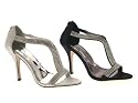 WOMENS DIAMANTE TBAR STILETTO HEELS PARTY WEDDING SHOES SATIN SANDALS BLACK SILVER LADIES SIZE 3-8