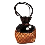 Satin Drawstring Purse, Checked Design, Faux Pearl Drawstring Ends, Brown Satin