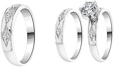 Sterling Silver, Matching Trio 3 Piece His & Her Set Engagement Wedding Rings Created Crystals