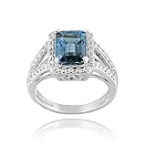 Sterling Silver 3.4ct Emerald-Cut London Blue Topaz & Diamond Accent Ring