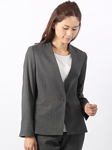 (ザ・スーツカンパニー) Littlechic/JAPAN QUALITY/ピンストライプ柄Vネックノーカラージャケット ミディアムグレー×ホワイト