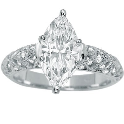 Marquise Cut/Shape 14k White Gold Antique Style Engagement Ring, SI Clarity (0.94 Carat t.w.)
