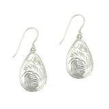 Sterling Silver .925 D cut Flower Design Puffed Teardrop Dangle Earrings