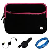 IMAGE OF Magenta Trim Durable Scratch Resistant Neoprene Sleeve Protective Carrying Case for Amazon Kindle Fire 7-inch Multi Touch Screen Tablet - 8GB Android Wireless (Wifi) Tablet + Black Retractable Micro USB Car Charger + Black Retractable Micro USB Sync Data Cable + SumacLife TM Wisdom Courage Wristband