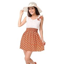 Dots Print Scoop Neck Sleeveless Belted Lace-Up Sheer Elasticized   Waistline Chiffon Mini Dress 