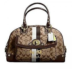 Coach Heritage Stripe Domed XL Satchel Bag Purse 13198 Khaki Mahogany